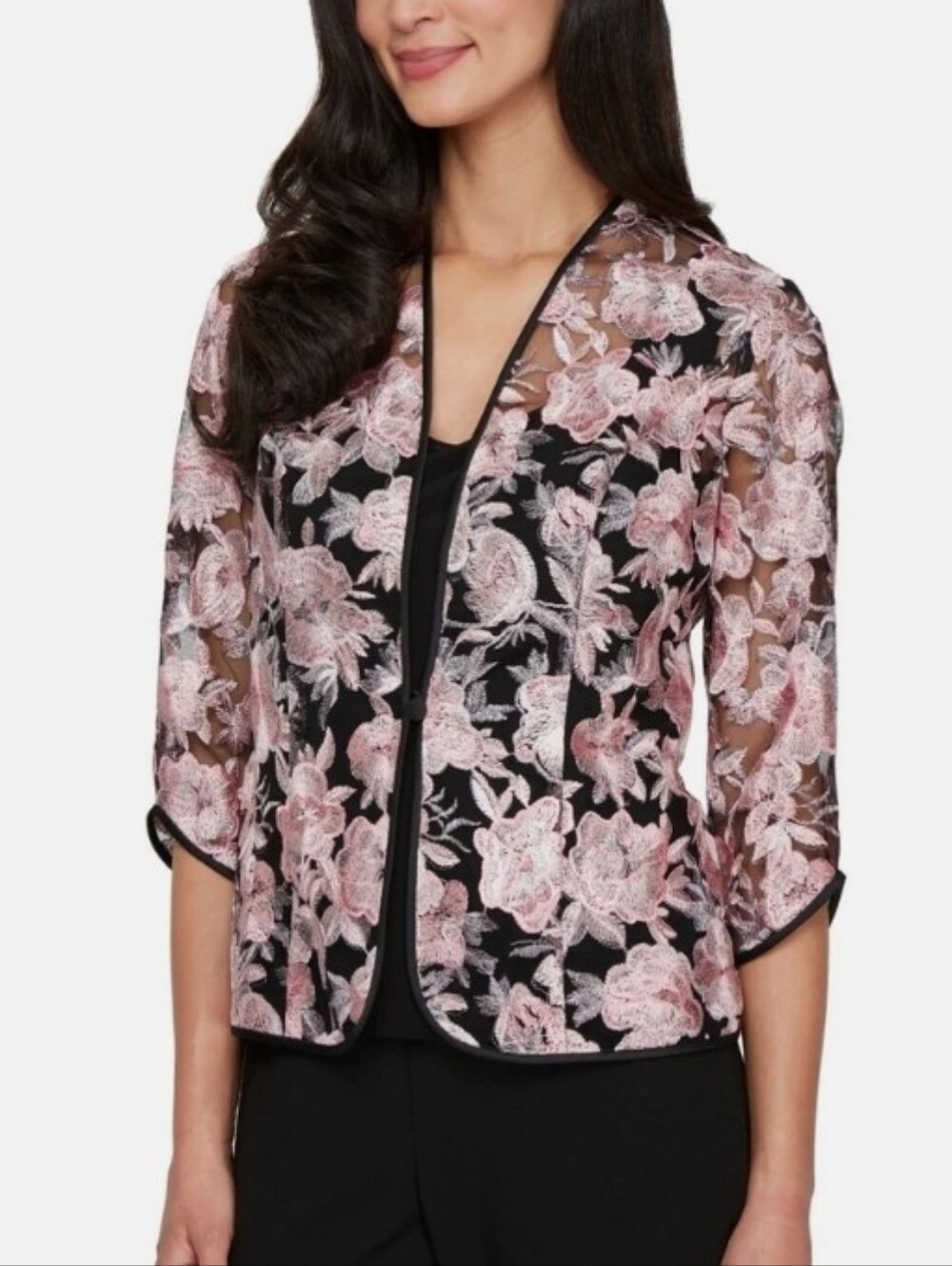 Alex Evenings Black Mesh sheer Floral Embroidered Jacket with Lilac pink Roses